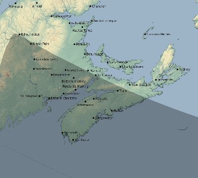 Map of the eclipse path across Canada on 01/26/1656