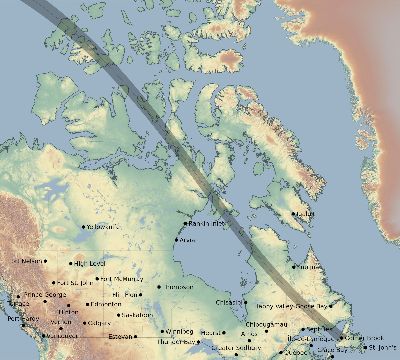 Map of the eclipse path across Canada on 06/11/1657