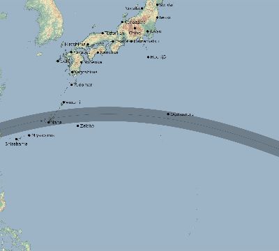 Map of the eclipse path across Japan on 06/01/1658
