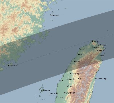 Map of the eclipse path across Taiwan on 06/01/1658