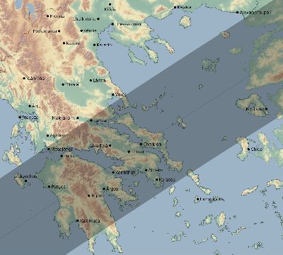 Map of the eclipse path across Greece on 03/30/1661