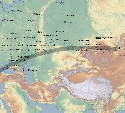Map of the eclipse path across Russia on 03/30/1661