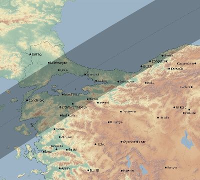 Map of the eclipse path across Turkey on 03/30/1661
