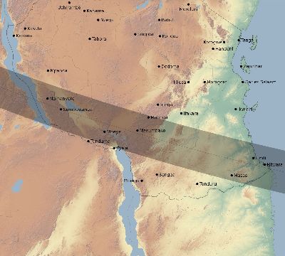 Map of the eclipse path across Tanzania on 09/12/1662