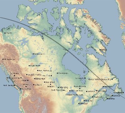 Map of the eclipse path across Canada on 09/01/1663