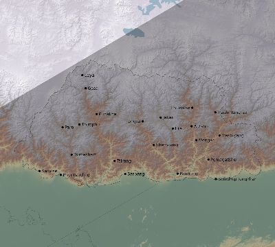 Map of the eclipse path across Bhutan on 01/16/1665