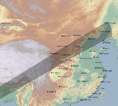 Map of the eclipse path across China on 01/16/1665