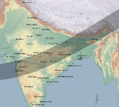 Map of the eclipse path across India on 01/16/1665