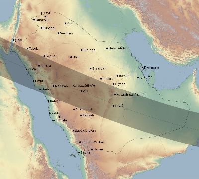 Map of the eclipse path across Saudi Arabia on 01/16/1665