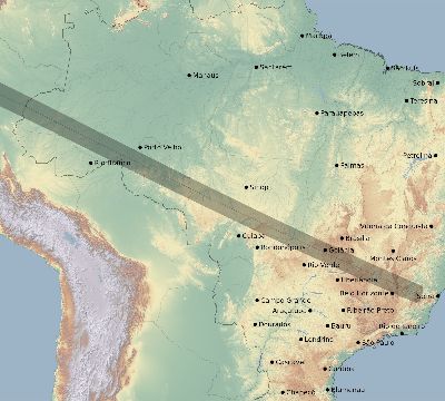 Map of the eclipse path across Brazil on 07/12/1665