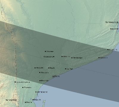 Map of the eclipse path across Mozambique on 01/05/1666