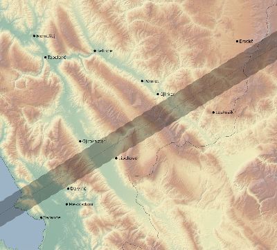 Map of the eclipse path across Albania on 07/02/1666