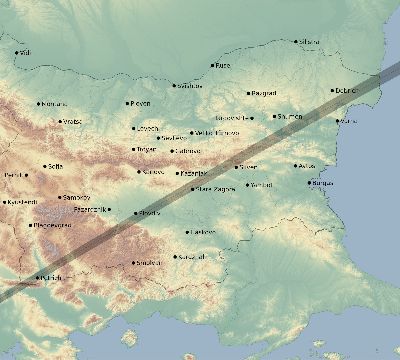 Map of the eclipse path across Bulgaria on 07/02/1666