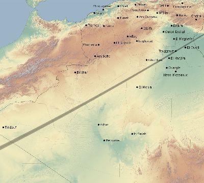 Map of the eclipse path across Algeria on 07/02/1666