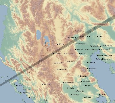 Map of the eclipse path across Greece on 07/02/1666