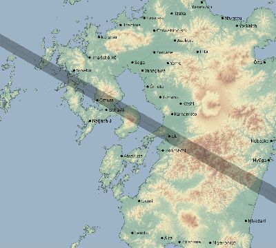 Map of the eclipse path across Japan on 07/02/1666