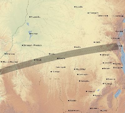 Map of the eclipse path across DR Congo on 02/28/1672
