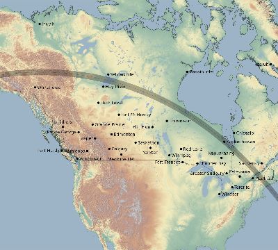 Map of the eclipse path across Canada on 08/22/1672