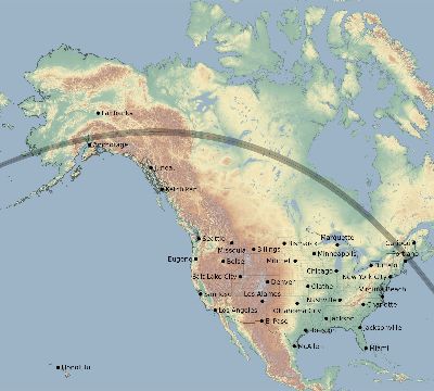 Map of the eclipse path across United States on 08/22/1672