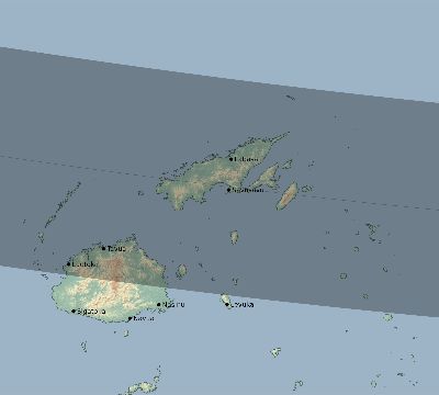 Map of the eclipse path across Fiji on 02/16/1673