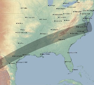 Map of the eclipse path across United States on 02/16/1673