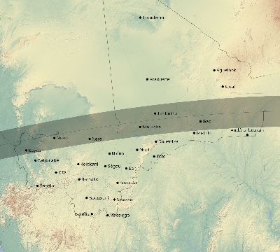 Map of the eclipse path across Mali on 08/12/1673