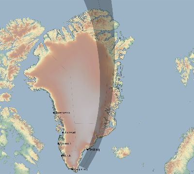 Map of the eclipse path across Greenland on 06/23/1675