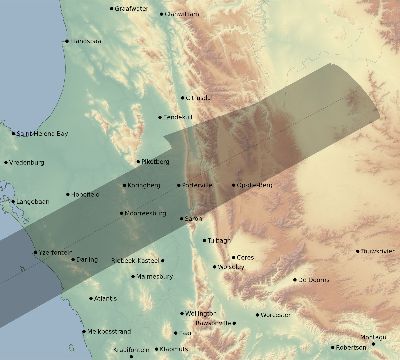 Map of the eclipse path across South Africa on 12/16/1675