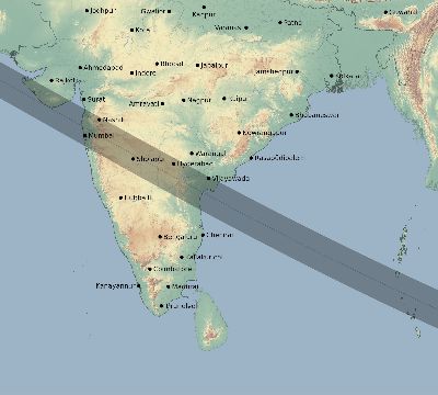 Map of the eclipse path across India on 06/11/1676