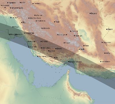 Map of the eclipse path across Iran on 06/11/1676