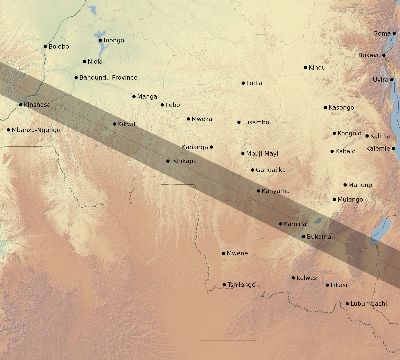 Map of the eclipse path across DR Congo on 12/05/1676