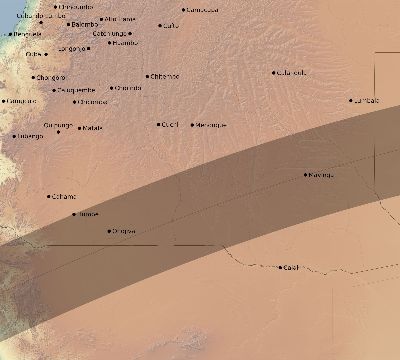 Map of the eclipse path across Angola on 05/31/1677