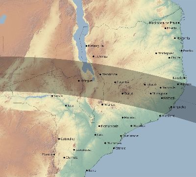 Map of the eclipse path across Mozambique on 05/31/1677
