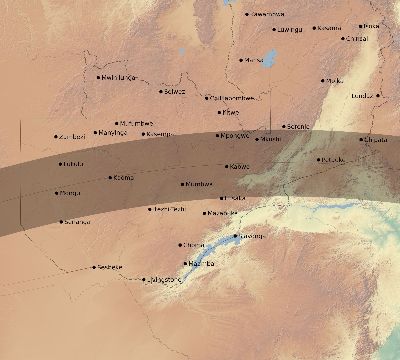 Map of the eclipse path across Zambia on 05/31/1677