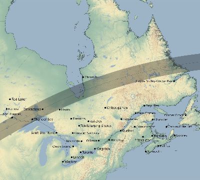 Map of the eclipse path across Canada on 04/10/1679
