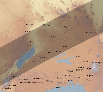 Map of the eclipse path across Uganda on 03/30/1680