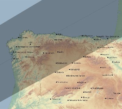 Map of the eclipse path across Spain on 01/27/1683