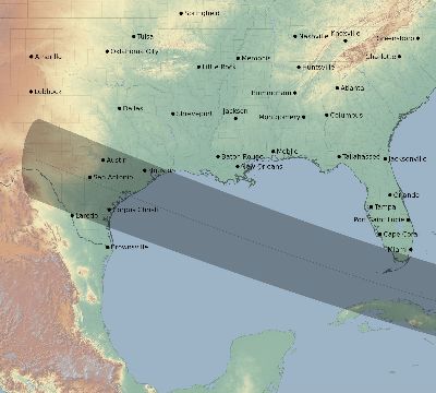 Map of the eclipse path across United States on 01/27/1683