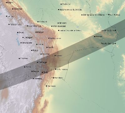 Map of the eclipse path across Bolivia on 01/16/1684