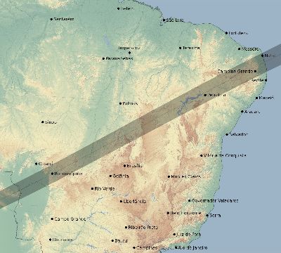 Map of the eclipse path across Brazil on 01/16/1684