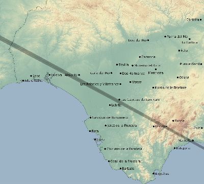 Map of the eclipse path across Spain on 07/12/1684