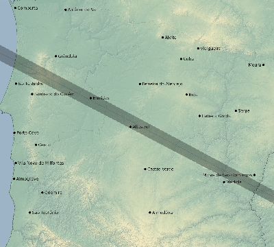 Map of the eclipse path across Portugal on 07/12/1684