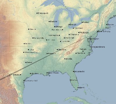 Map of the eclipse path across United States on 07/12/1684