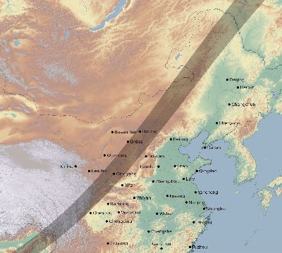 Map of the eclipse path across China on 04/30/1688