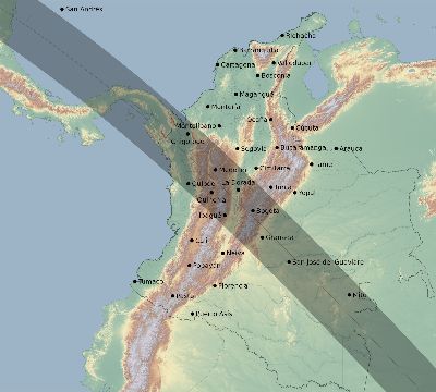 Map of the eclipse path across Colombia on 08/23/1691