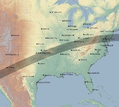 Map of the eclipse path across United States on 06/22/1694