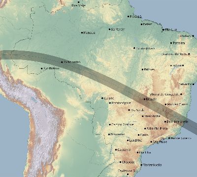 Map of the eclipse path across Brazil on 06/11/1695