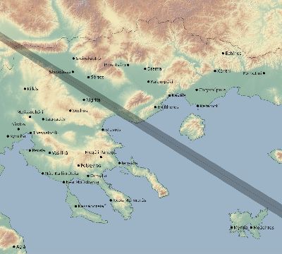 Map of the eclipse path across Greece on 12/06/1695