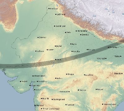 Map of the eclipse path across India on 12/06/1695