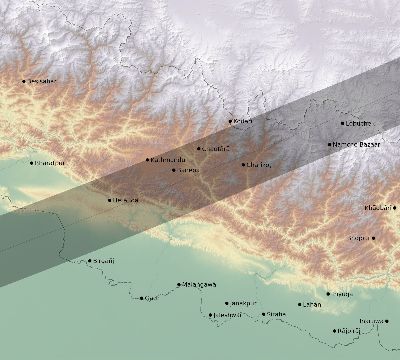 Map of the eclipse path across Nepal on 12/06/1695